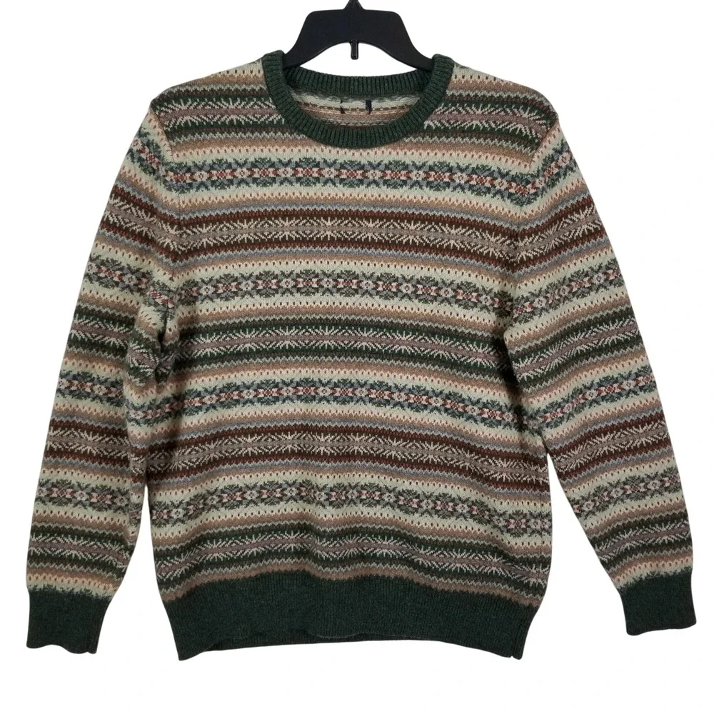J. Crew Mens Fair Isle‎ Crewneck Sweater Green Brown Lambswool Blend Sz M